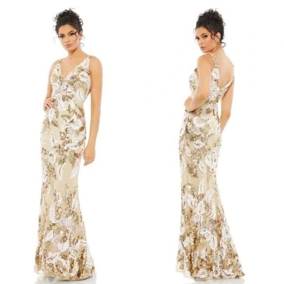 Mac Duggal 5476 Floral Embellished Sequin V-Neck Evening Gown Dress Size 0 NWT - Picture 1 of 9